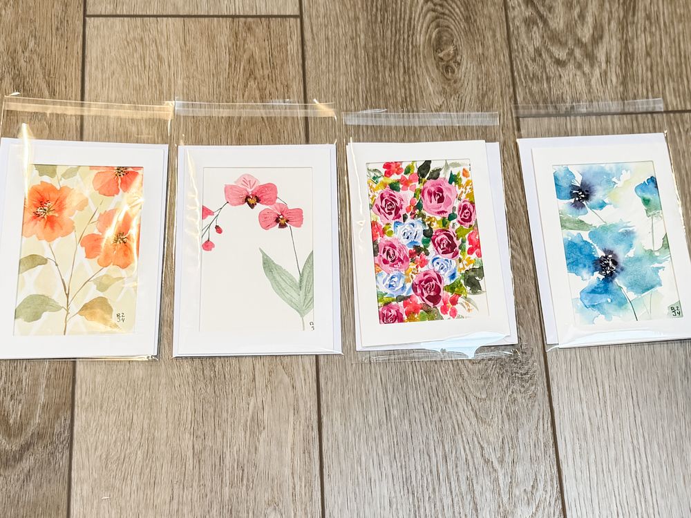 Original Watercolor Greeting Cards and Envelopes (set of 4)a