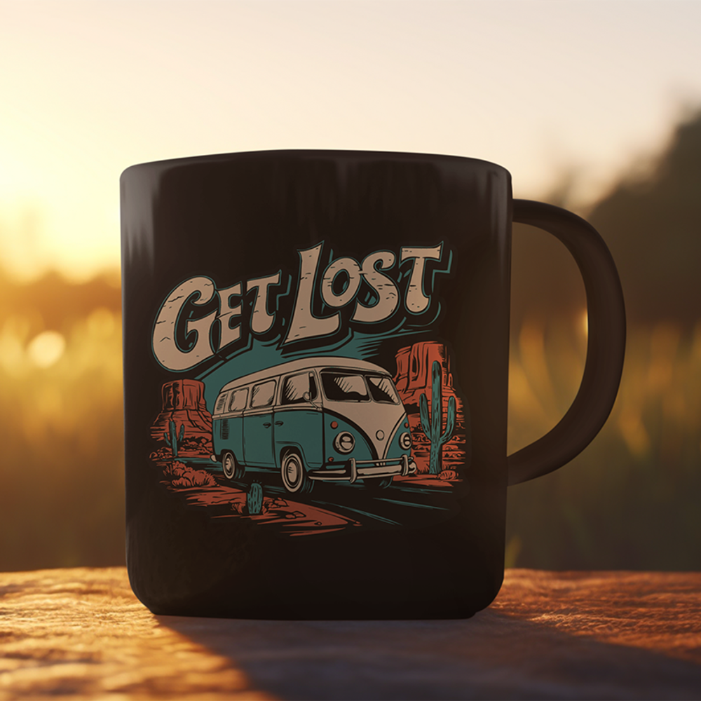 Get Lost Vintage Vanlife Black Coffee Mug 11oz