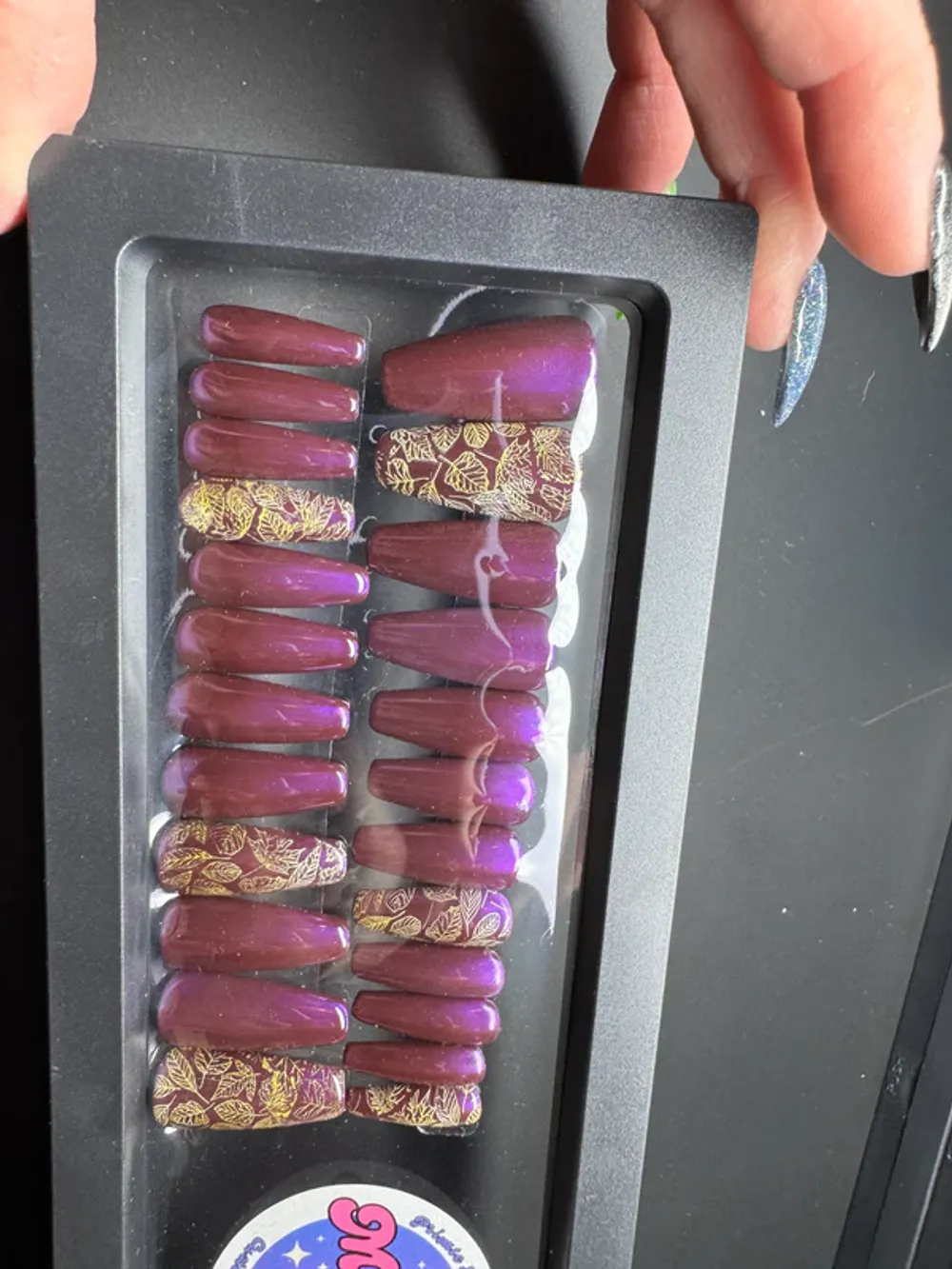 Burgundy & gold leaves | Full press on set | Long Coffin