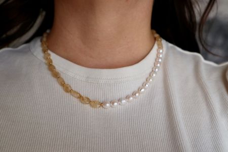 Dawn citrine and pearl necklace shown worn at the full length of the extender