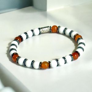 8" Carnelian stones, Snow Jade, and Hematite beads