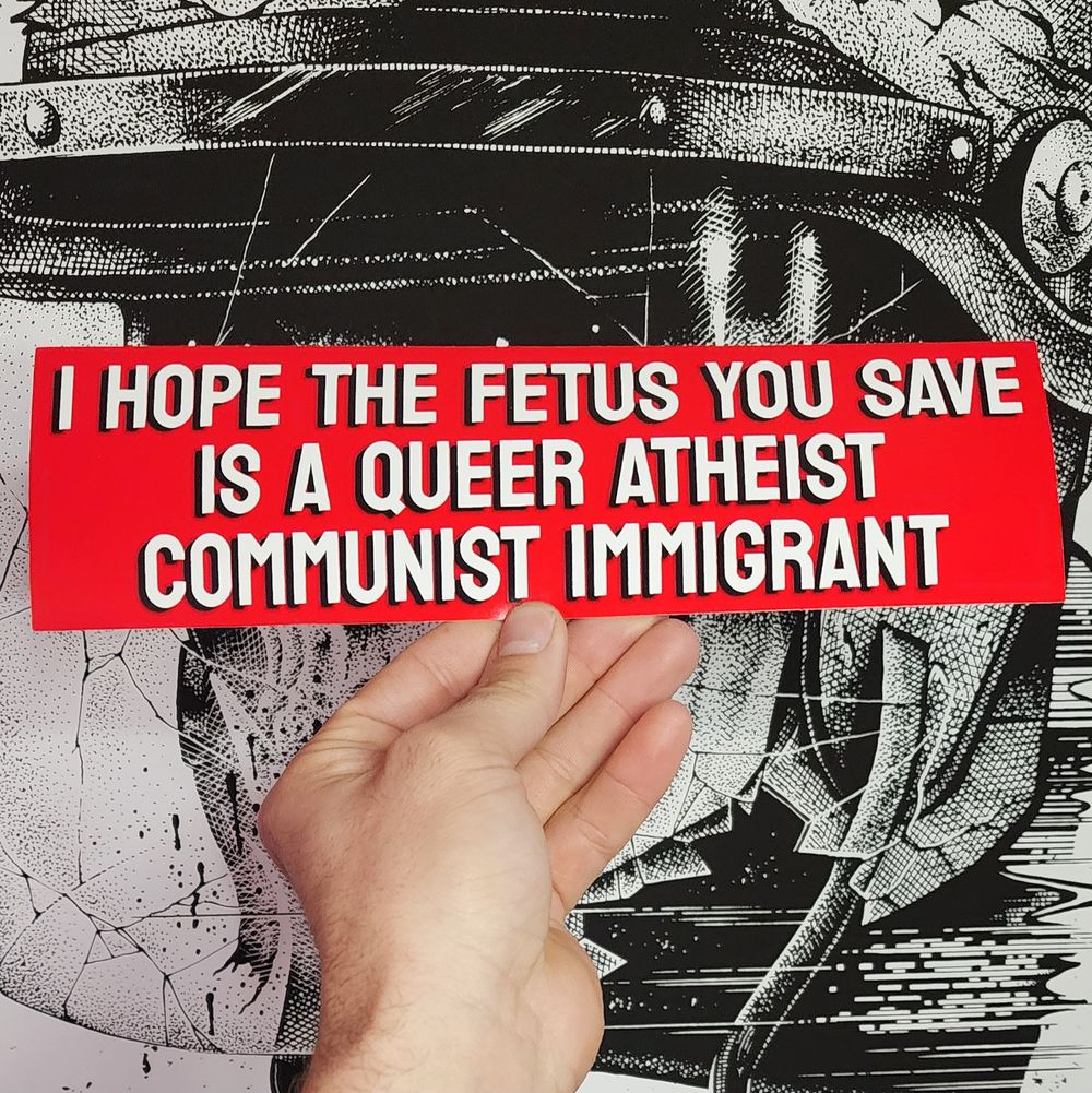Pro choice, anti fascist bumper sticker. The fetus you save