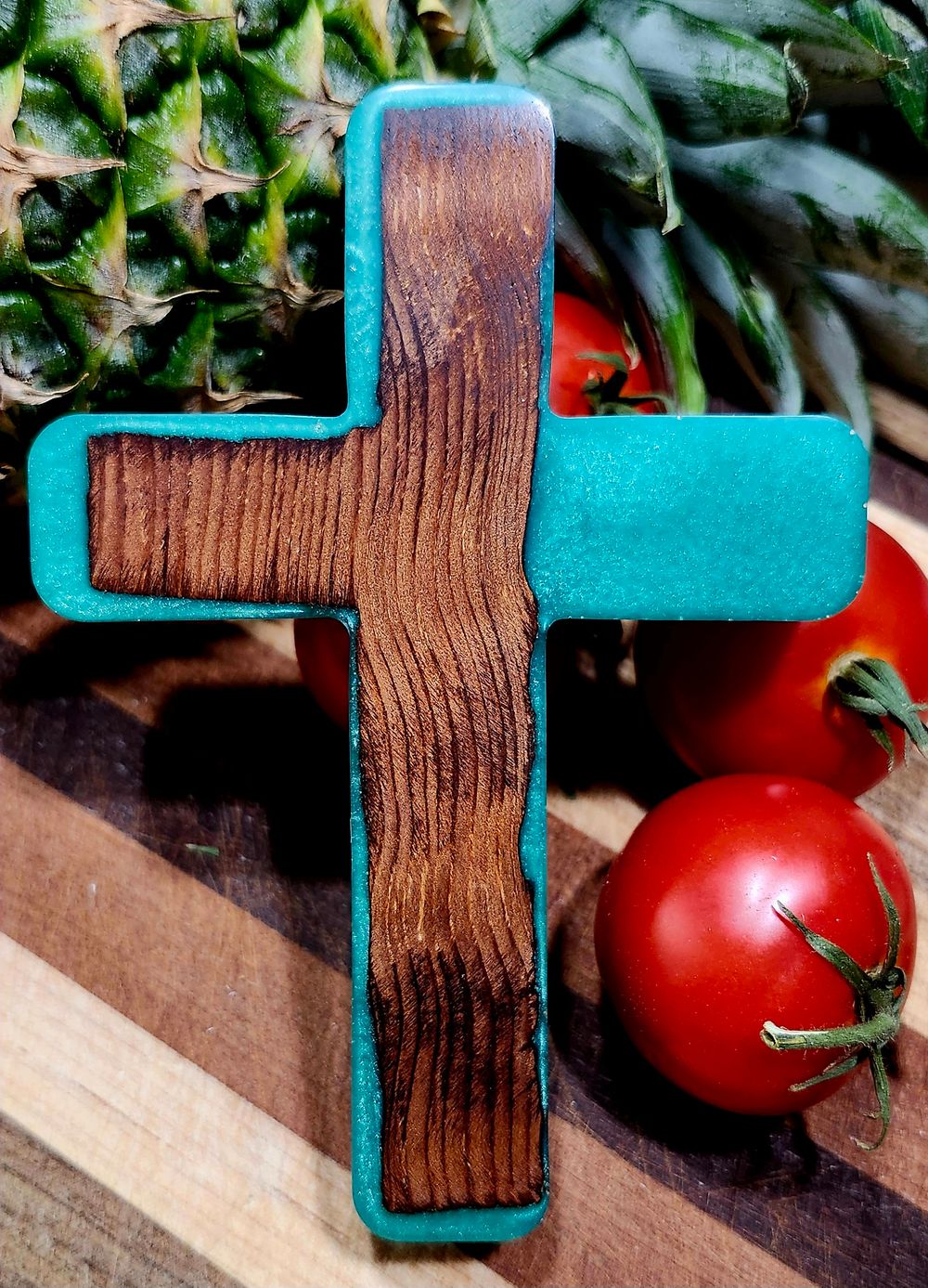 Cross- Old Growth Redwood and Teal Green Resin
