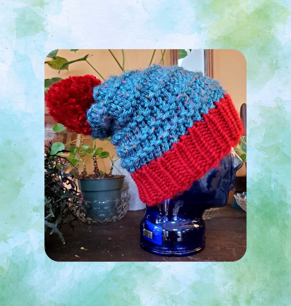 Red & Confetti Teal Knit Hat
