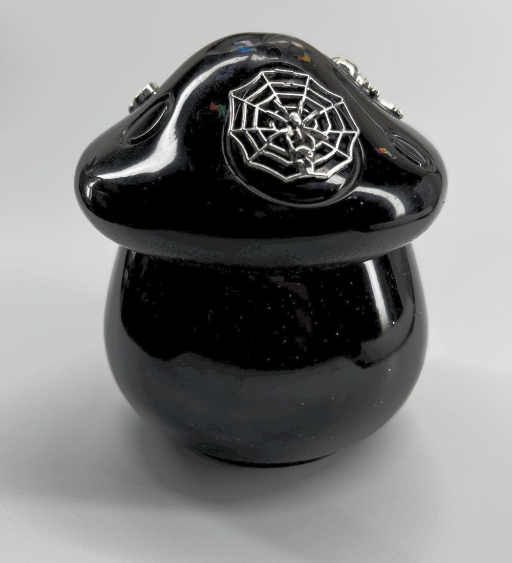 Black Halloween Jar: Spider Web and Bat Lid (Silver Accents)