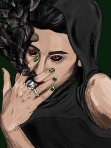 My original character, Missulena, a vampire with a neurotoxin she can expel from her lungs and in her skin, done in a digital painting, digital art, digital drawing in an oil paint portrait style