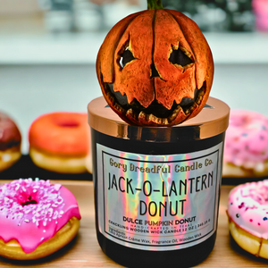 Jack-O-Lantern Donut Wooden Wick Candle by Gory Dreadful Candle Co