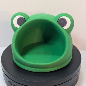A 3d printed catch-all dish shaped like a frog. There are eye bumps on the top with white and black pieces for the eyes, and the "mouth" is wide open to hold small items.