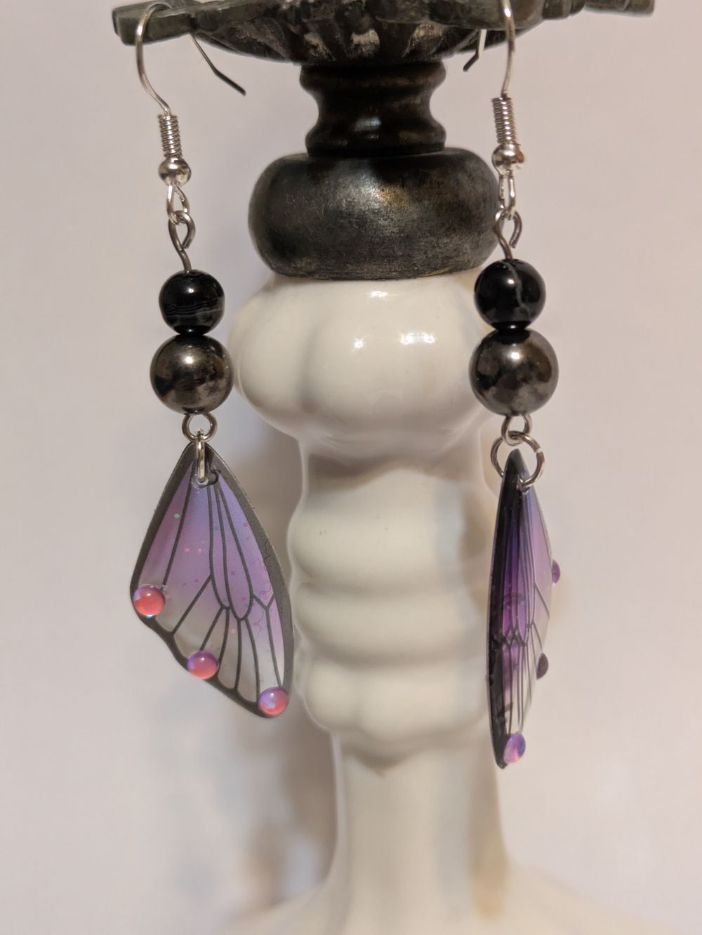 Dainty purple resin butterfly wings with natural glass bead accents