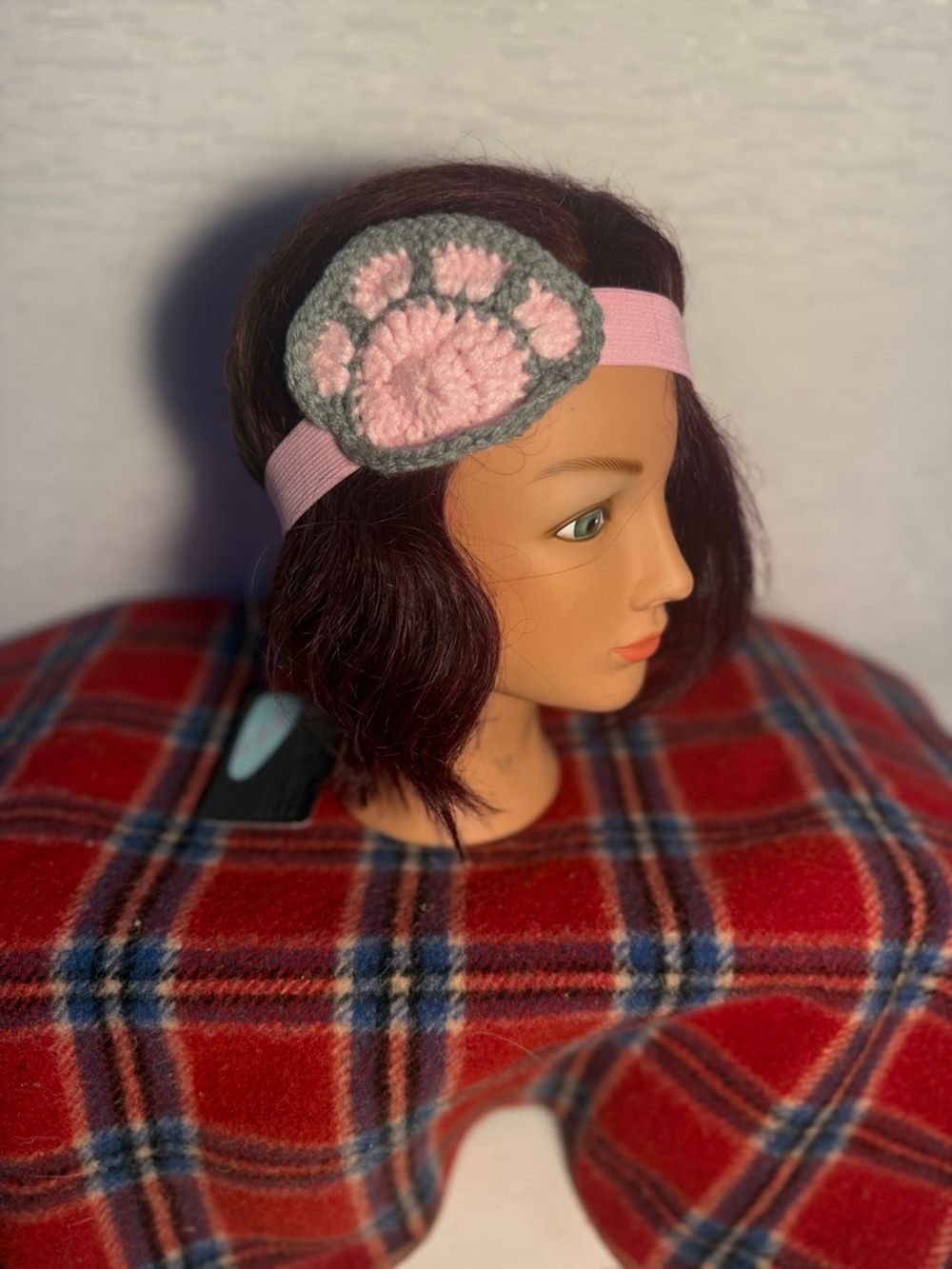 Light Pink Elastic Headband with Crocheted Paw