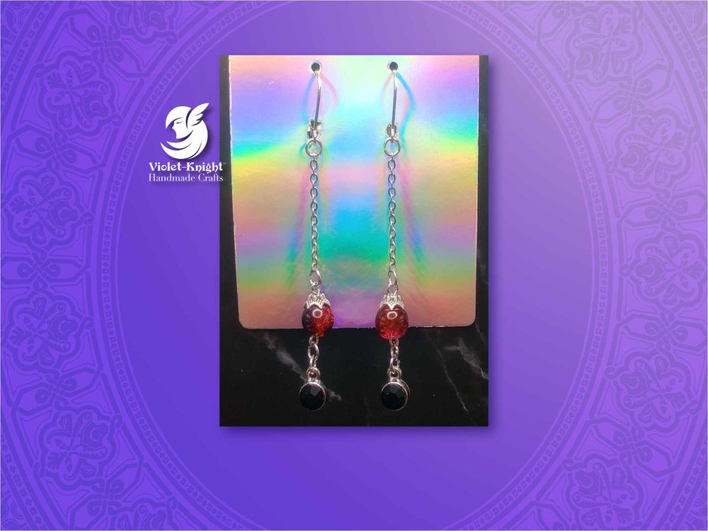  Long Red and Black Cracked Glass Bead Dangle Earrings with ...