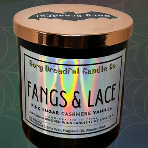 Fangs and Lace Wooden Wick Candle by Gory Dreadful Candle Co