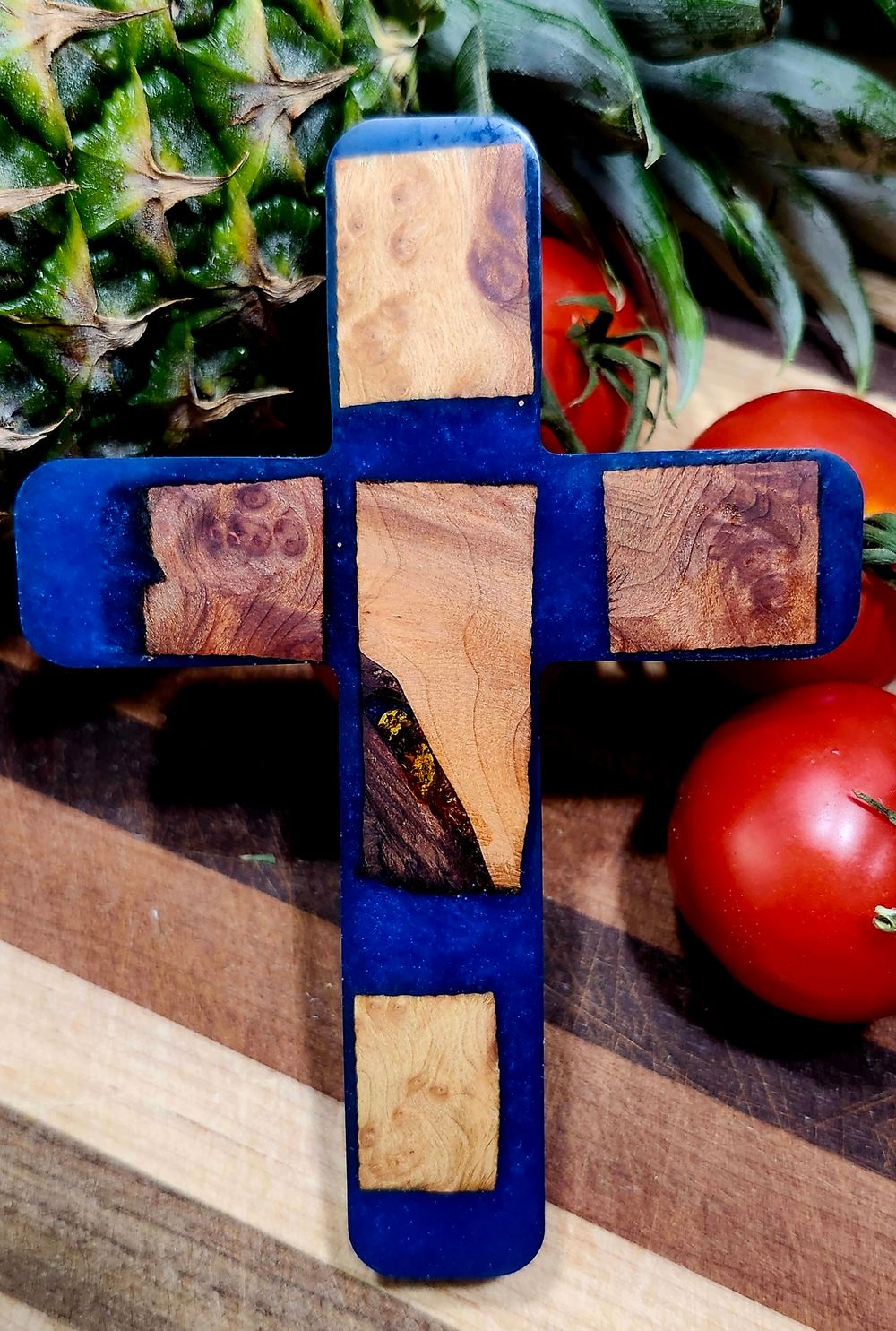 Cross- Old Growth Redwood Burl and Ocean Blue Resin