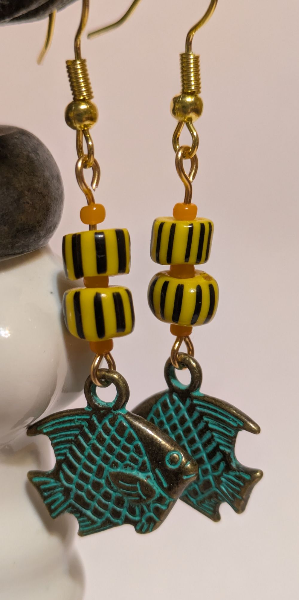 Love fish earrings with vintage glass/lamp bead accents
