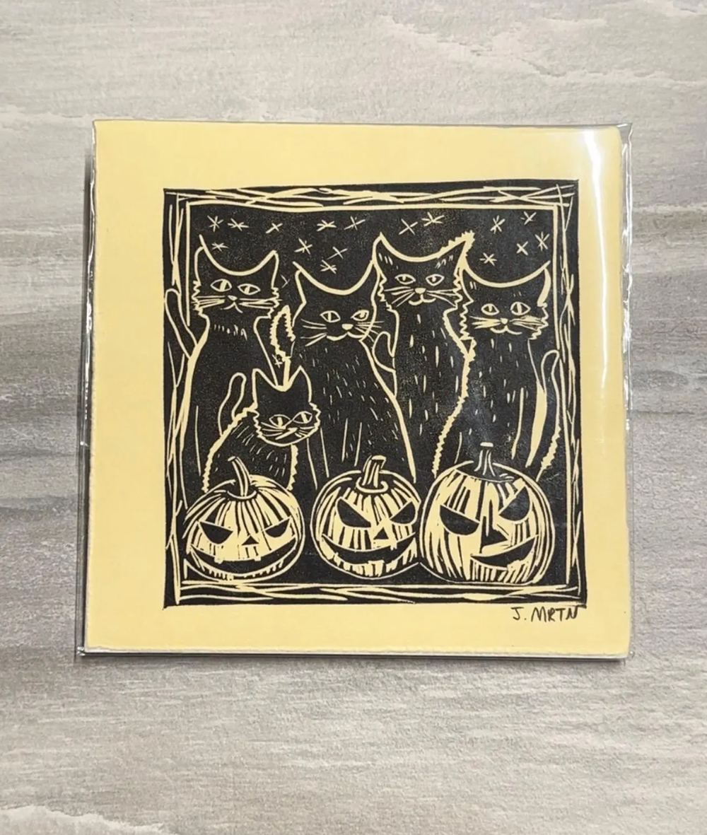 Cat and Pumpkin Linocut Art