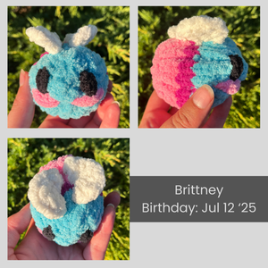 A collage of images of Brittney the bisexual pride flag bee. She is made out of fuzzy chenille yarn. She is striped in the bisexual pride flag colors. Her birthday is listed as July 12, 2025.