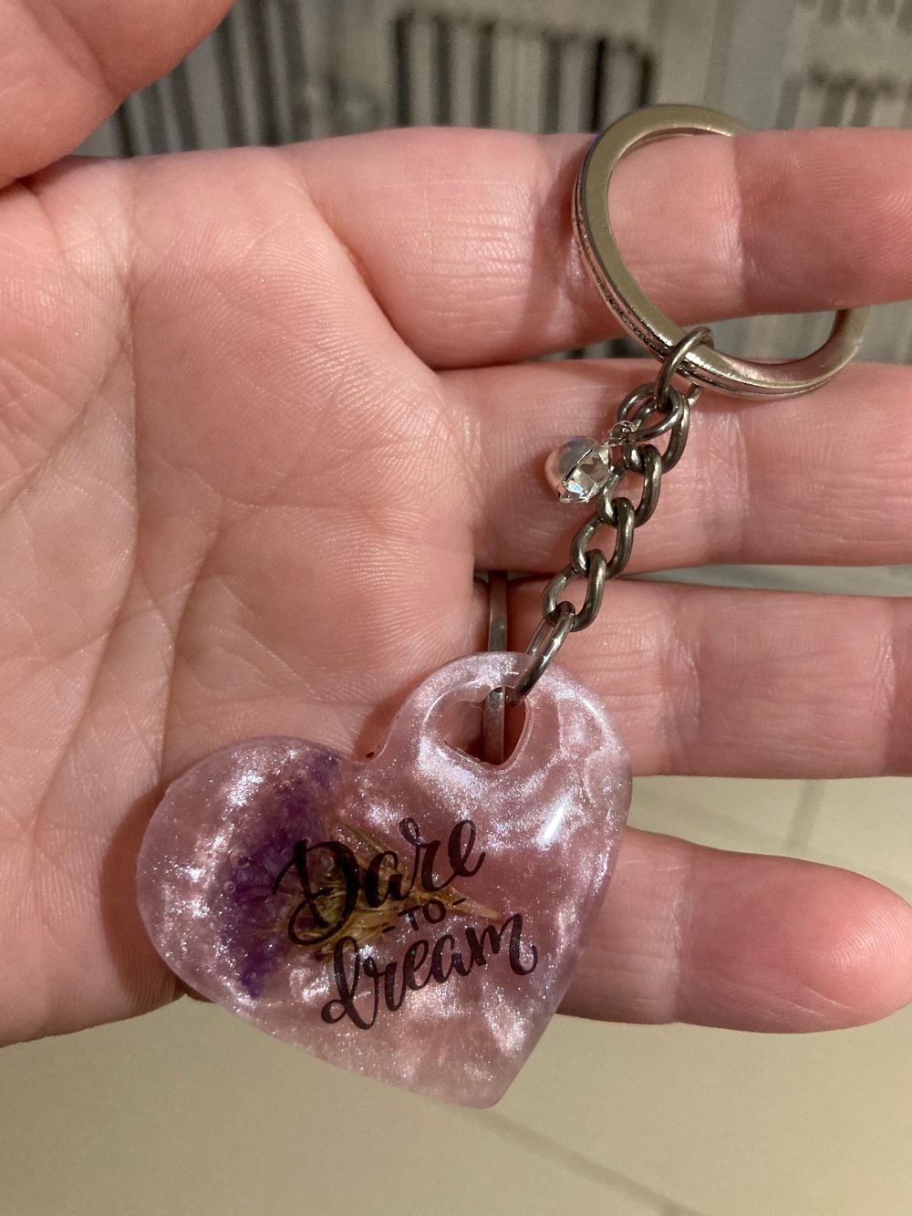 Keychain - heart, inspirational, pink, real flowers