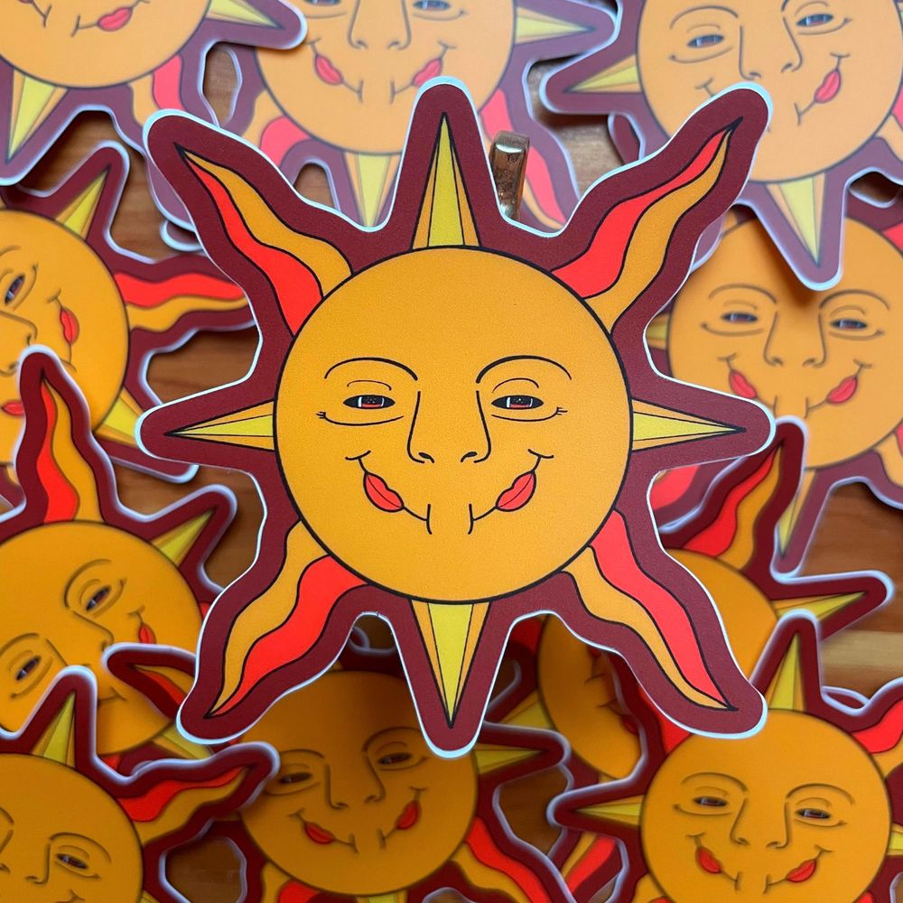 Smiling Sun Sticker - Weatherproof Matte Vinyl, Handdrawn Ar...