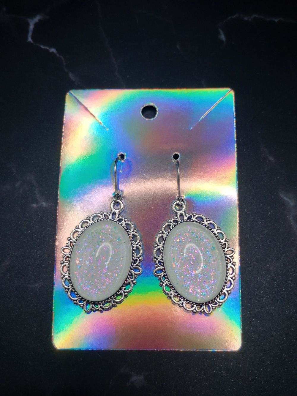  Vintage Style White Holographic Glitter Pendant Earrings 