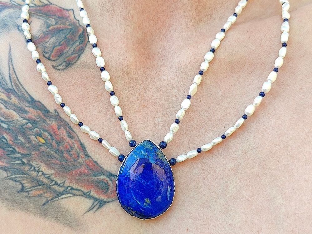 Lapis and Sterling Silver Two Strand Pearl Necklace