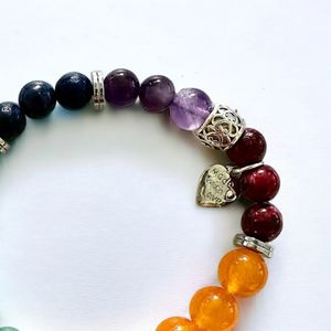 7" - Ruby red jade, orange jade, golden tiger eye, green aventurine, angelite, lapis, amethyst, and hematite