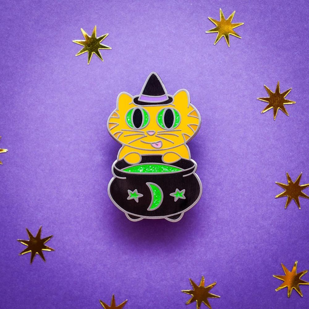 Witchy Cat glitter enamel pin