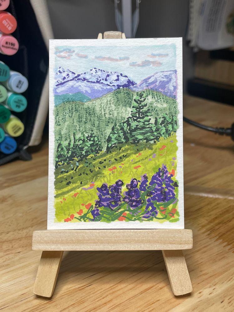 ACEO Original Art Mountain Landscape with Wildflowers