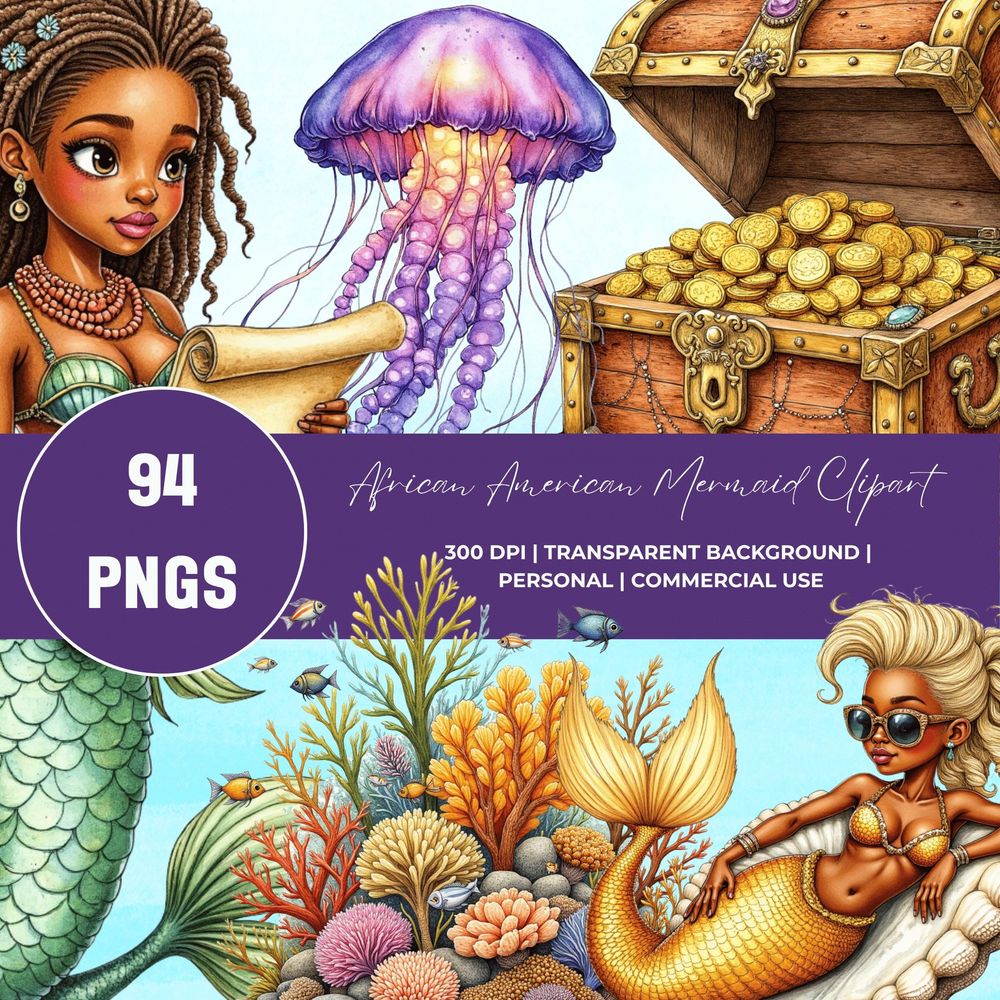 African American Mermaid Clipart - Watercolor 