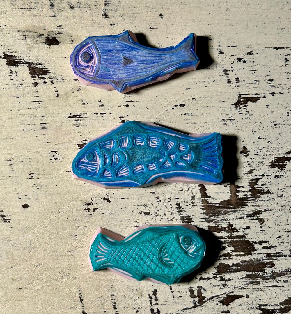 Three little fish hand carved rubber stamp set