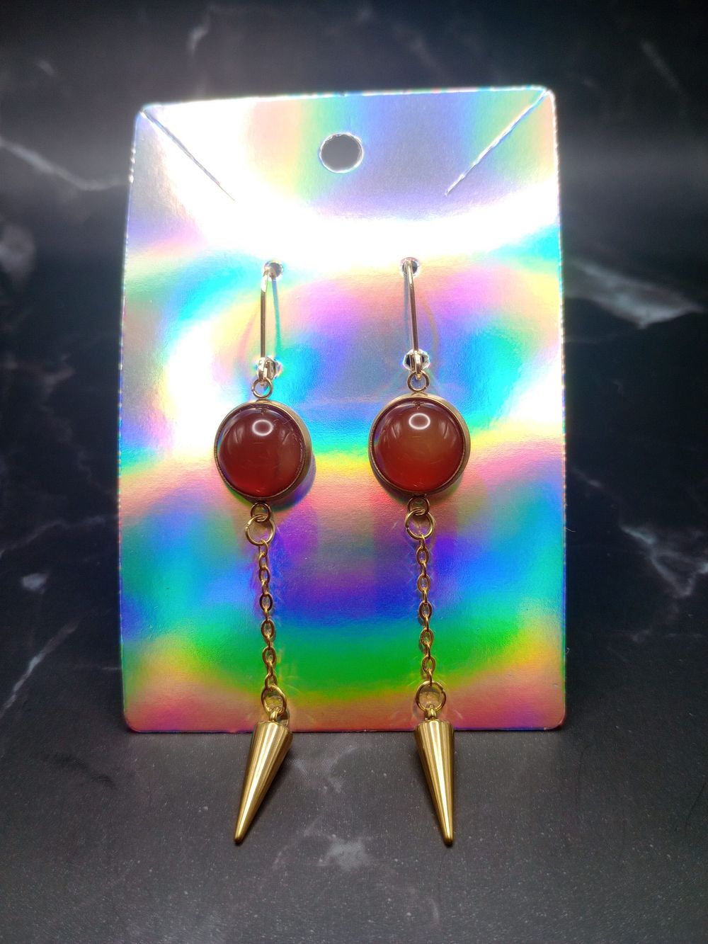  Amber Gemstone Cabochon Spike Dangle Earrings with Gold Cha...