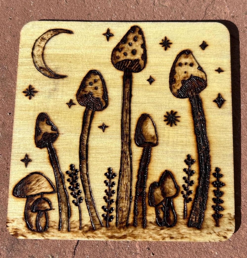 Hand Burned Mushroom Wood Coaster: Pyrography Forest Art Dec...