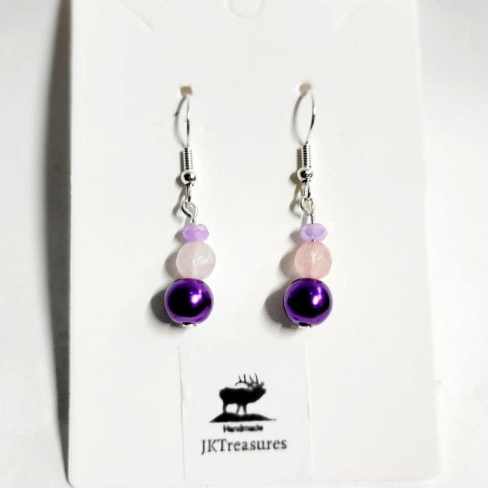 Hand crafted lilac & rose quartz purple glass bead dangle ea...