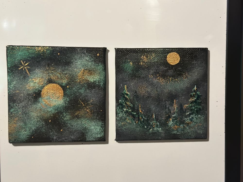 Set of 2 Full Moon moody mini magnetic paintings