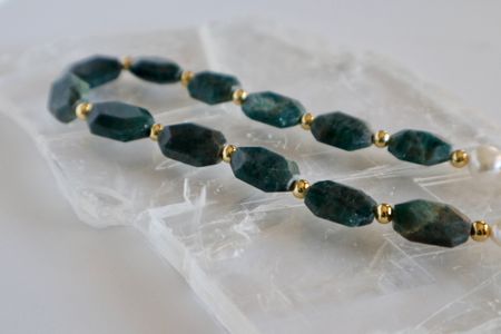 Closer look at the faceted apatite beads on the Azurea Necklace.
