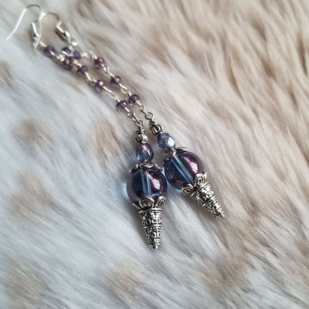 Indigo/Tanzine Aura Quartz Pendulum Earrings - 10mm beads
