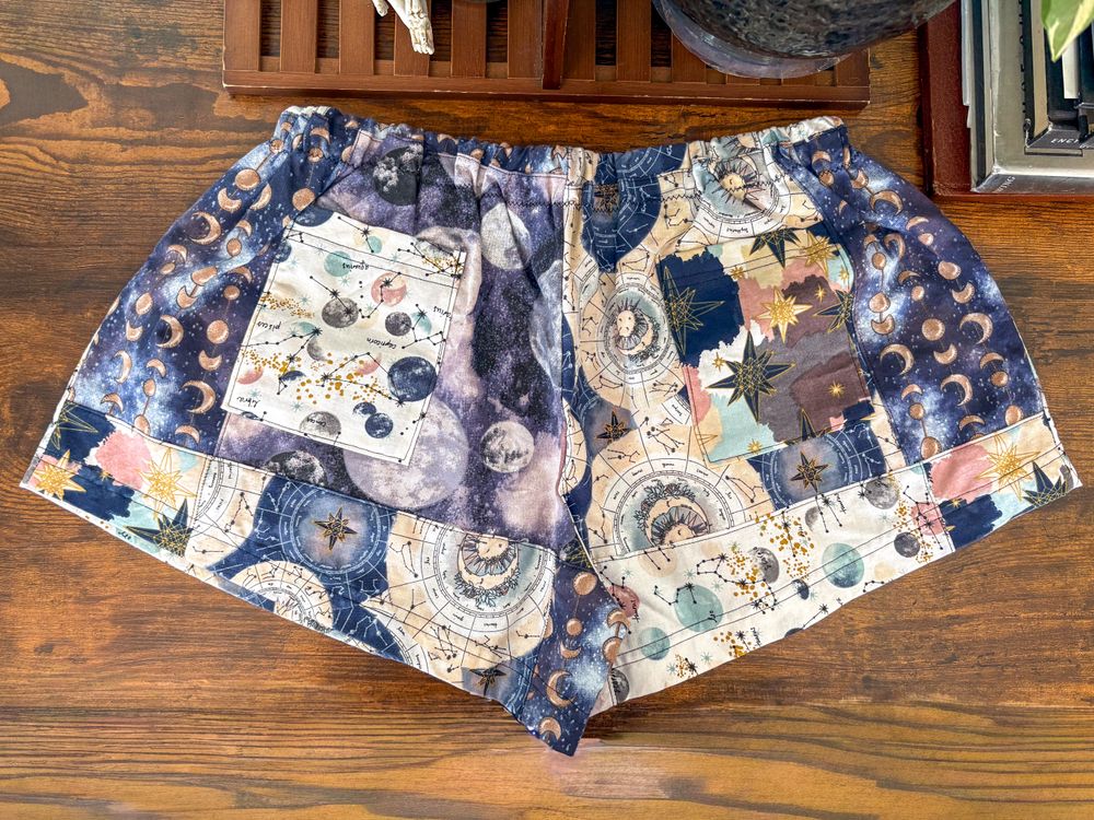 Celestial Patchwork Shorts – Cotton Lounge Shorts, Size X-La