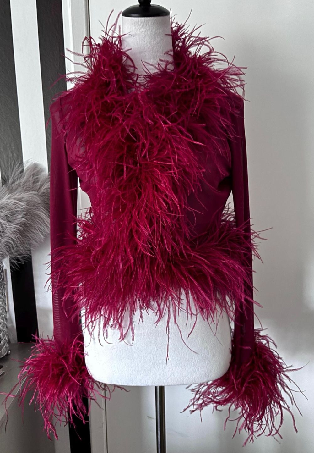 Burgundy Long Sleeve Mesh Bolero with Ostrich Feather Trim