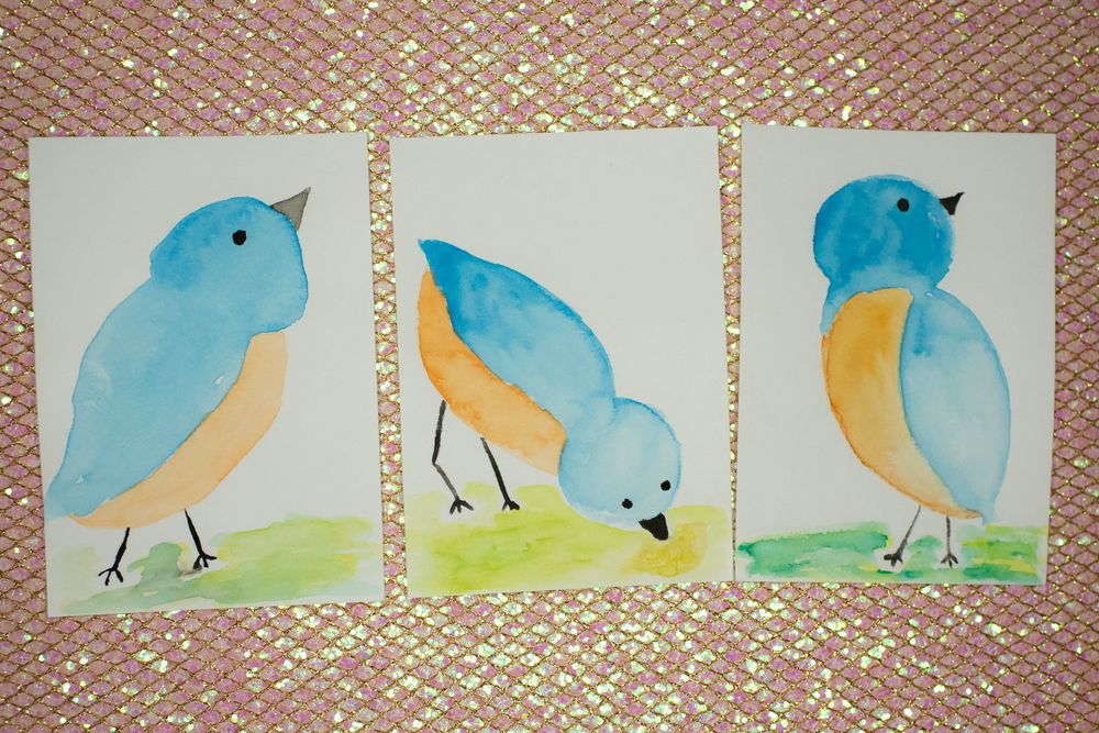 ACEO Orig - 'Blue Bird set of 3' - MiniArt - 2.5x3.5 collectable