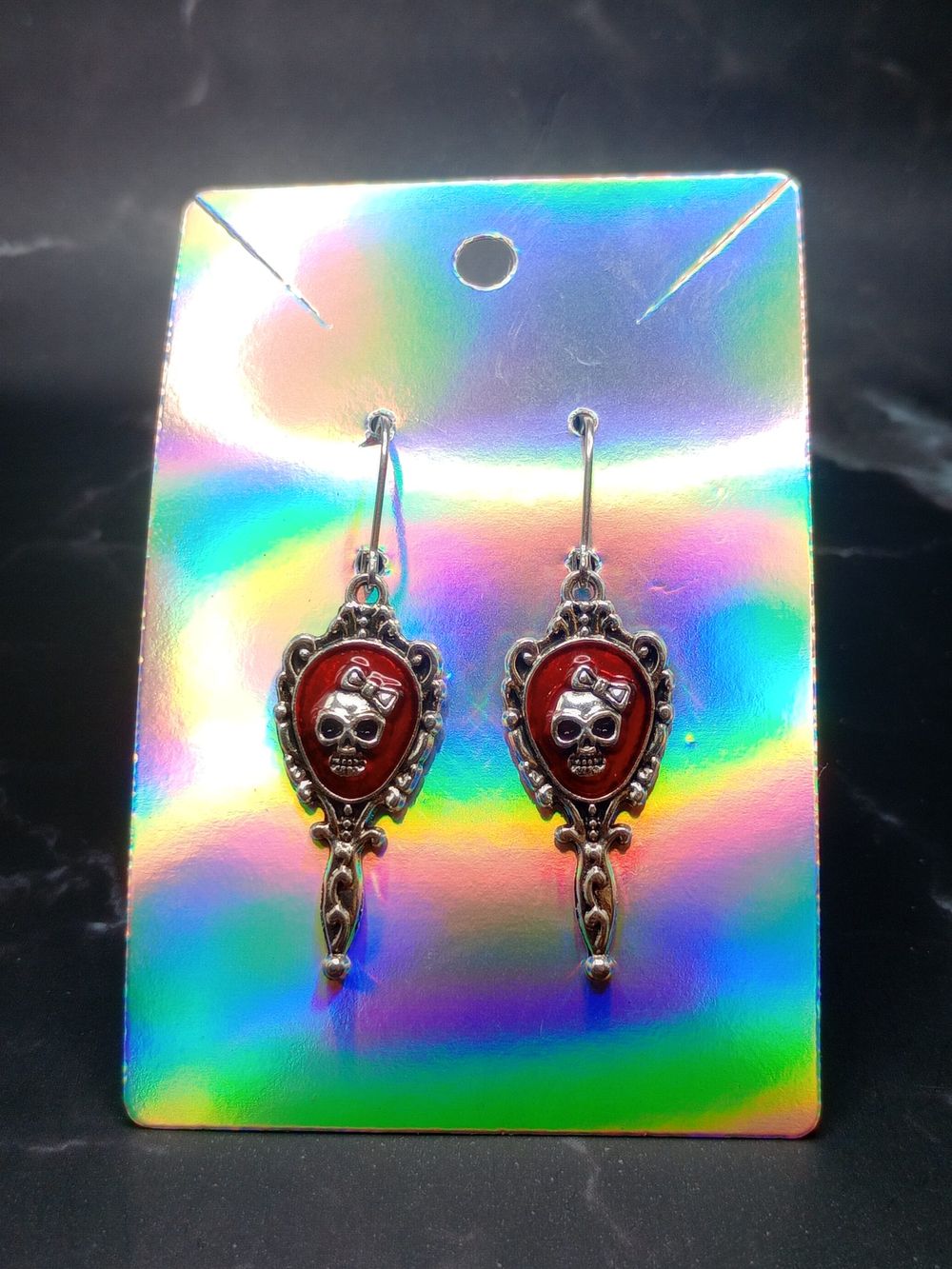  Red Skull Hand Mirror and Bow Dangle Earrings 