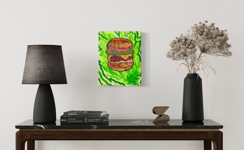 Burger on Lettuce  - Original Abstract Acrylic Painting on Canvas