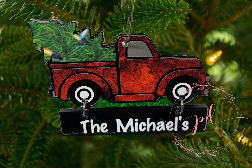 Red Truck Christmas Ornament w/ Name Banner