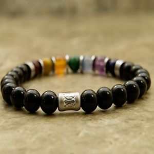 8" - Black onyx, ruby red jade, golden tigereye, orange jade, green quartz, indigo, amethyst, hematite, and lapis