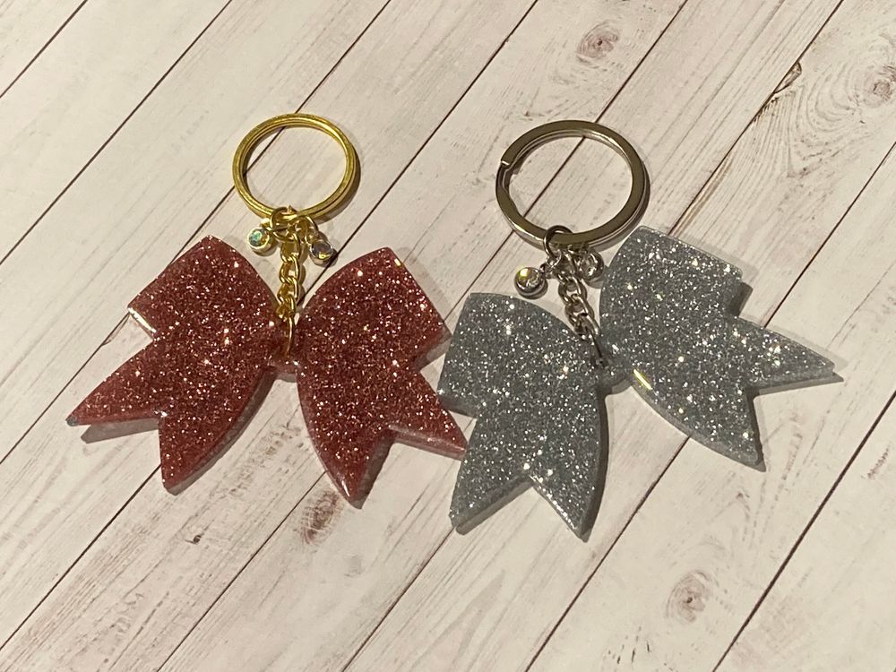 Keychain - bow, pink or silver glitter, rhinestone charms