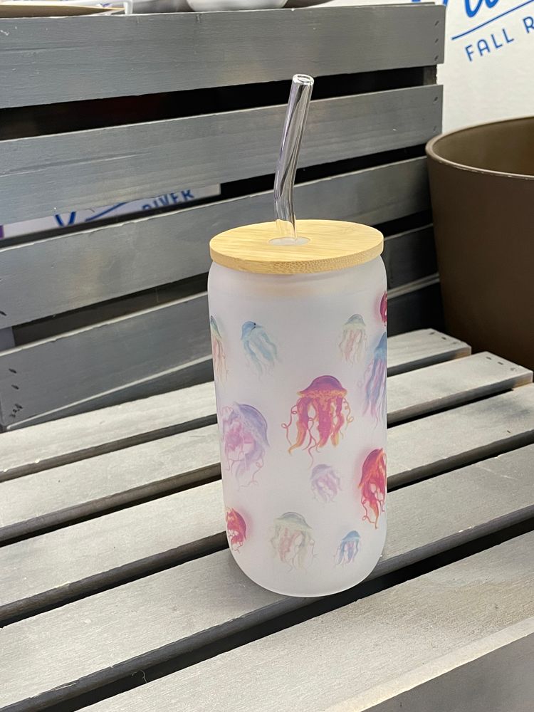 Jellyfish Frosted Cup with Bamboo Lid & Glass Straw