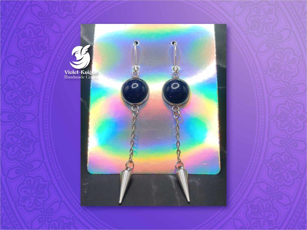  Blue Goldstone Crystal Gemstone Cabochon Spike Dangle Earri...