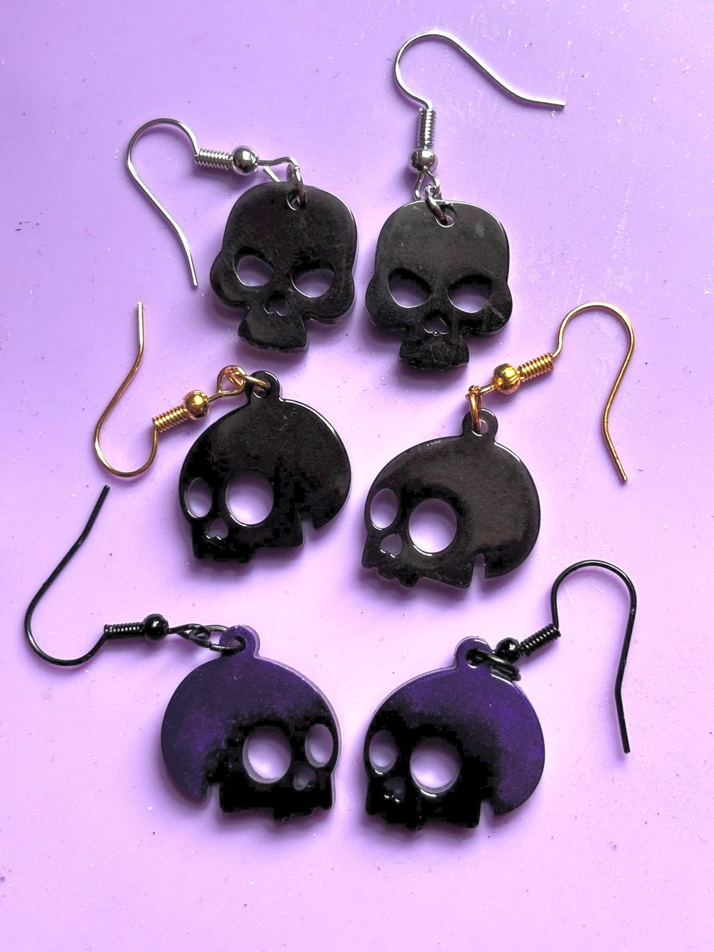 Goth Skull Earrings Set, French Hook (3 Pairs Black & Purple...