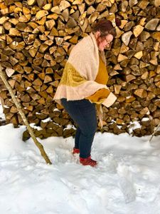 Me standing to the side with the shawl draped over my shoulders