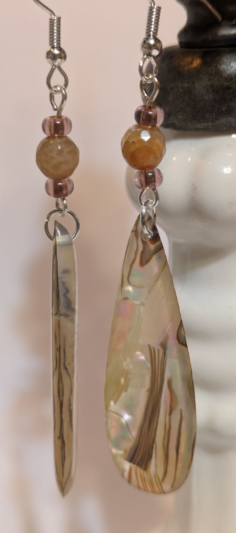 Tea gray opalescent-finished dangling resin earrings with stone accents