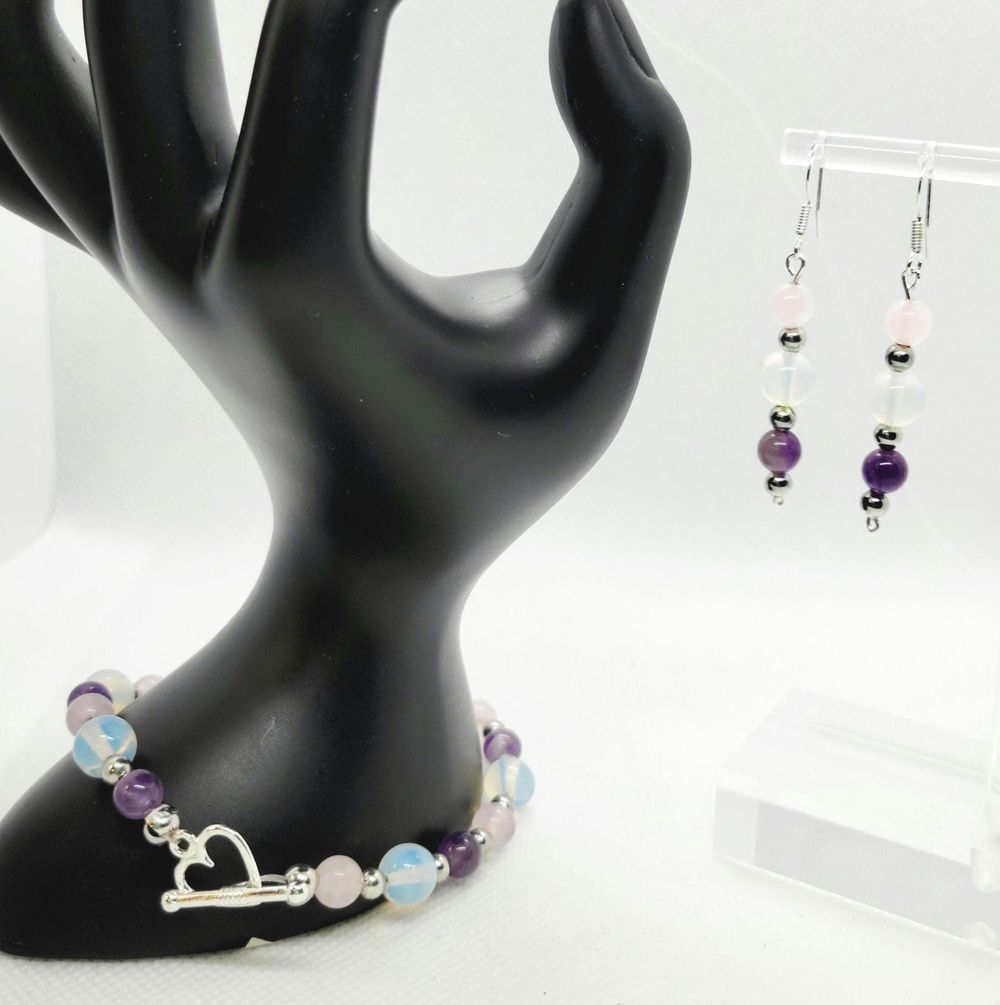 Natural Crystal rose quartz amethyst opalite bracelet & earr...