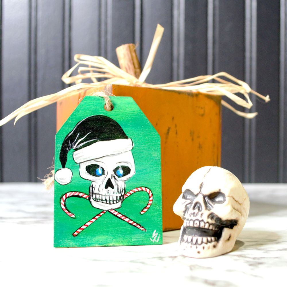Skelly Clause and Cross Candy Canes - Wooden Tag Ornament